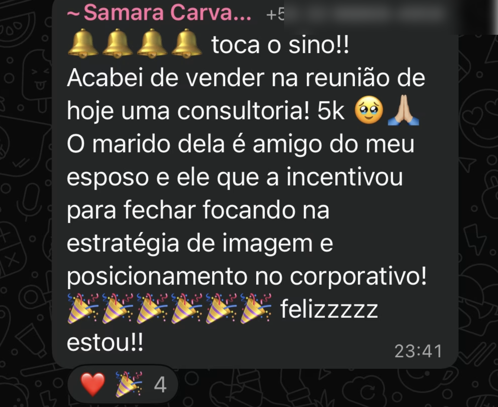 Print de mensagem real: Samara Carvalho relata consultoria de R$5.000 fechada em reunião após focar em estratégia de imagem e posicionamento no corporativo
